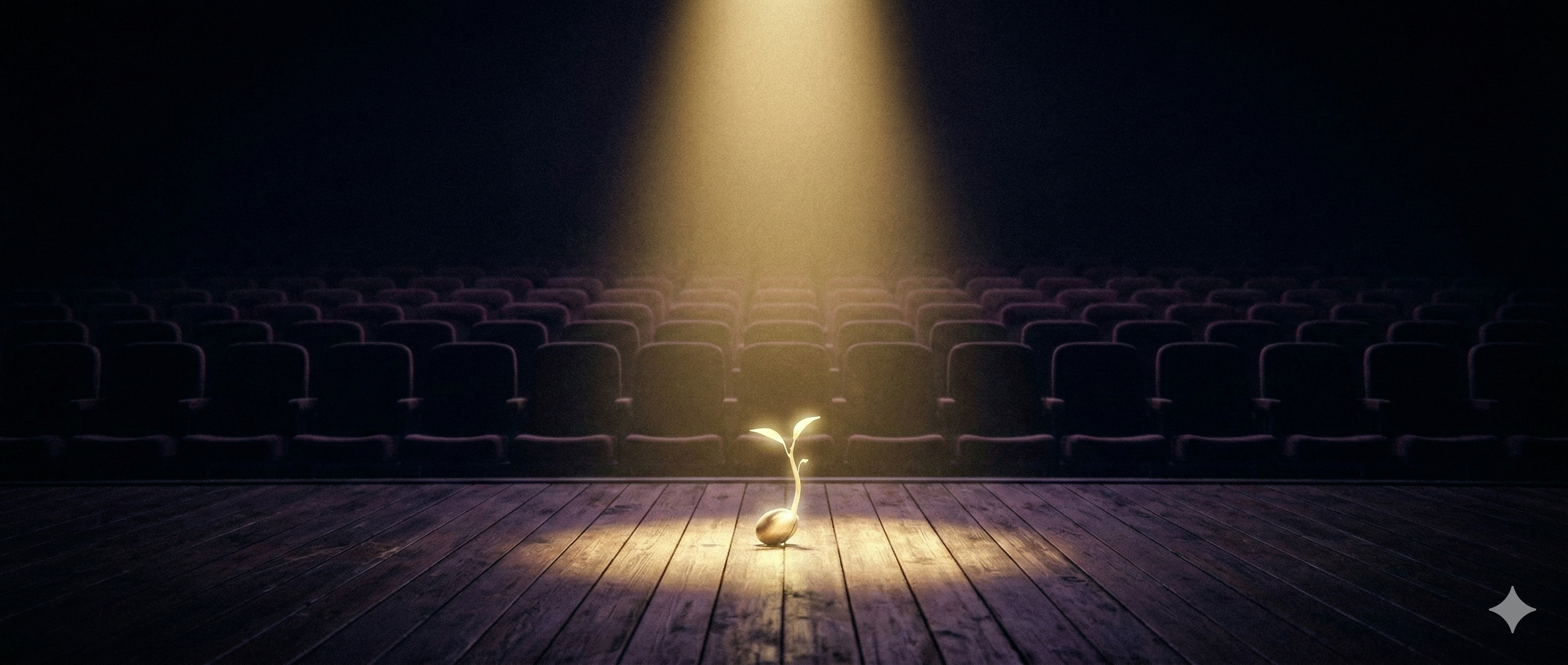 Un teatro vacío con un foco solitario iluminando un escenario donde una semilla germina entre las tablas