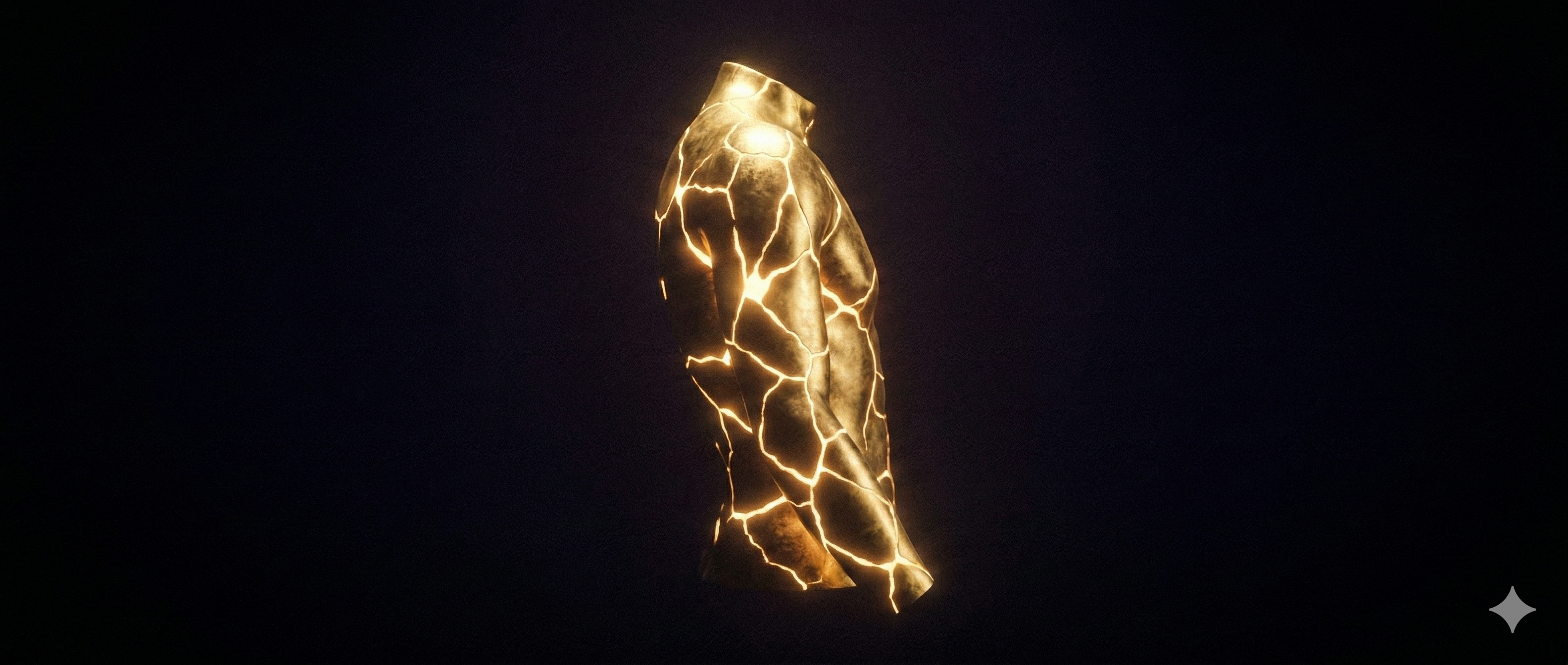 Una escultura dorada con grietas luminosas estilo kintsugi, irradiando luz desde sus fracturas en la oscuridad