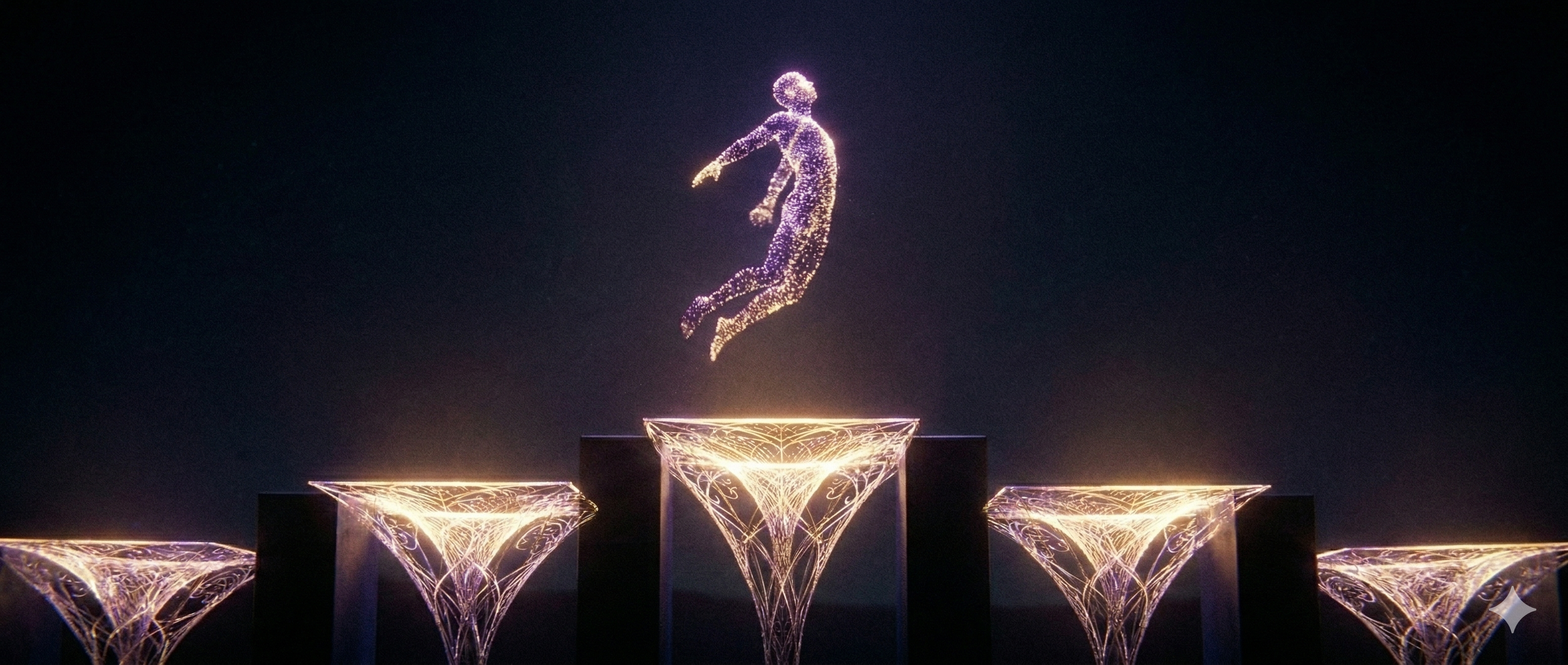 Una figura humana abstracta saltando desde obstáculos que se transforman en trampolines de luz, contra un cielo nocturno