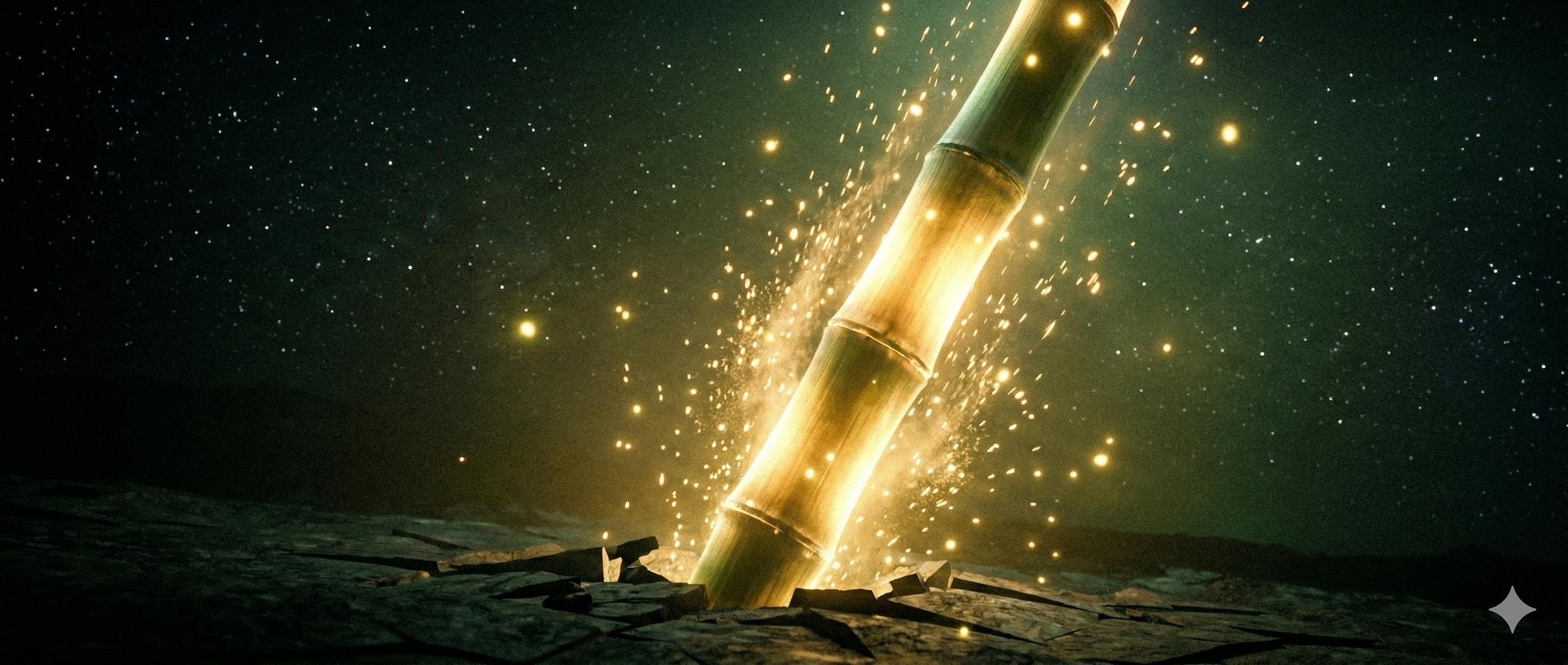 Un tallo de bambú gigante atravesando la oscuridad hacia un cielo estrellado, con partículas de luz ascendiendo a su alrededor