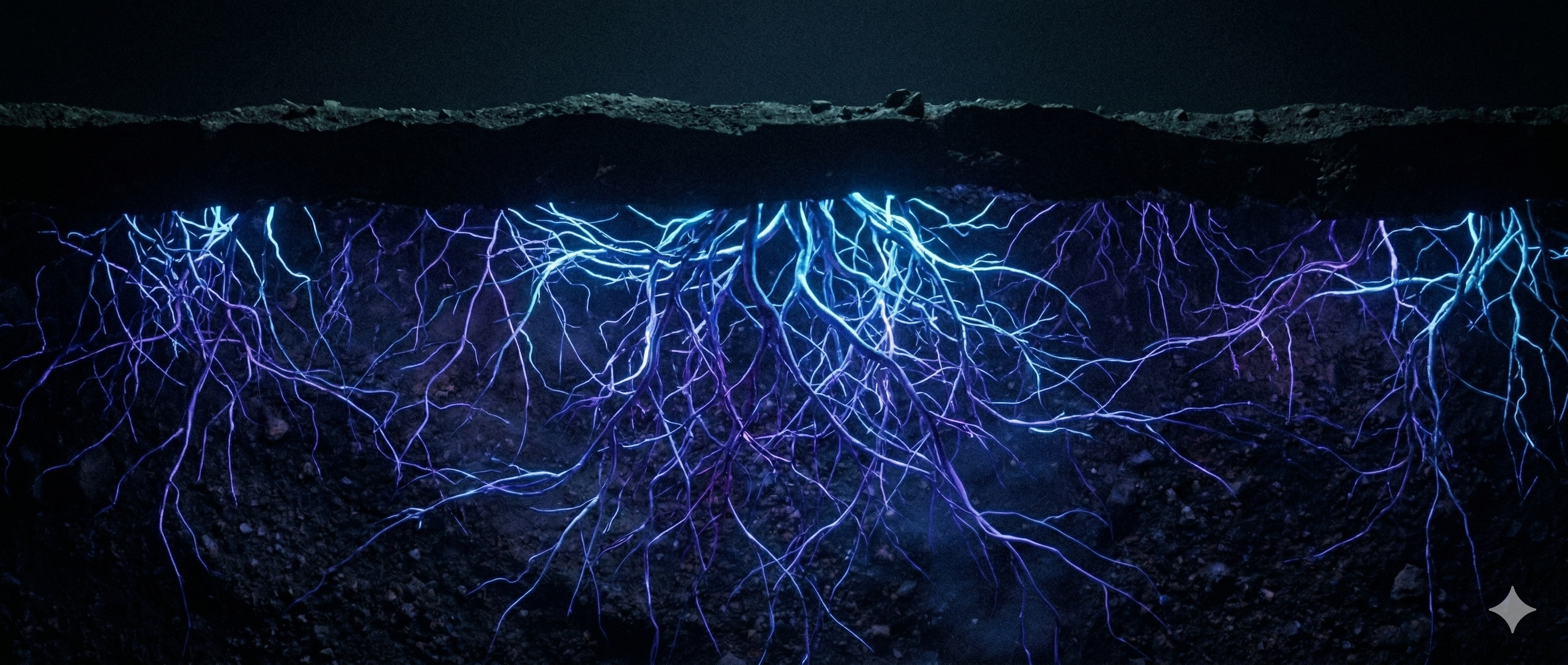 Raíces bioluminiscentes extendiéndose bajo tierra oscura, formando una red compleja que brilla en tonos azul y violeta