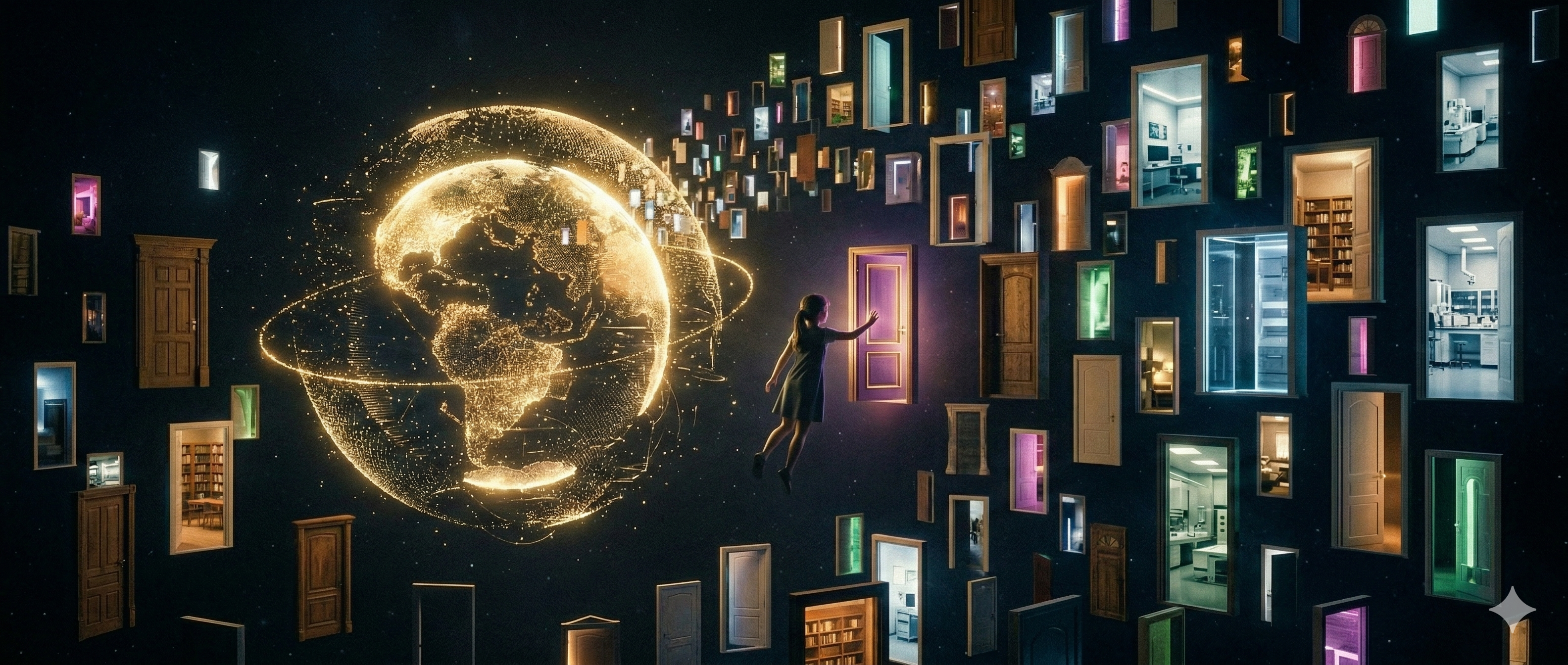 Un globo terráqueo disolviéndose en miles de puertas abiertas que flotan en un espacio cósmico luminoso