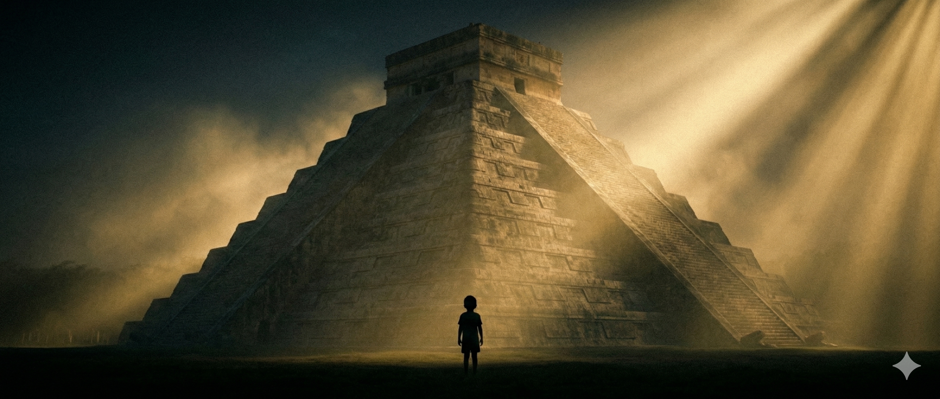 La silueta de un niño pequeño contemplando la pirámide de Chichén Itzá al amanecer, con rayos dorados atravesando la niebla