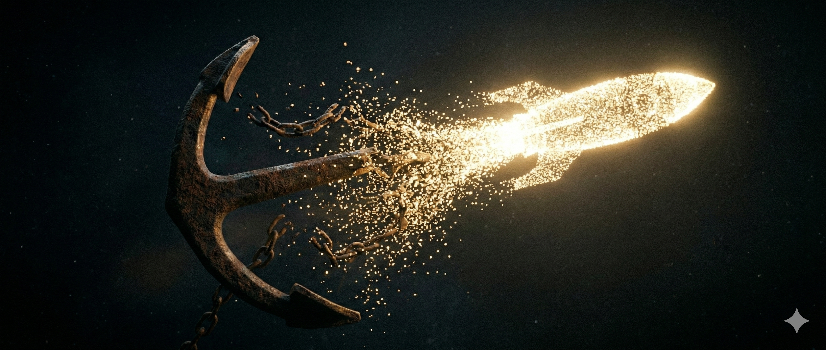Un ancla masiva de hierro oxidado transformándose en un cohete de luz, con cadenas rompiéndose en partículas doradas