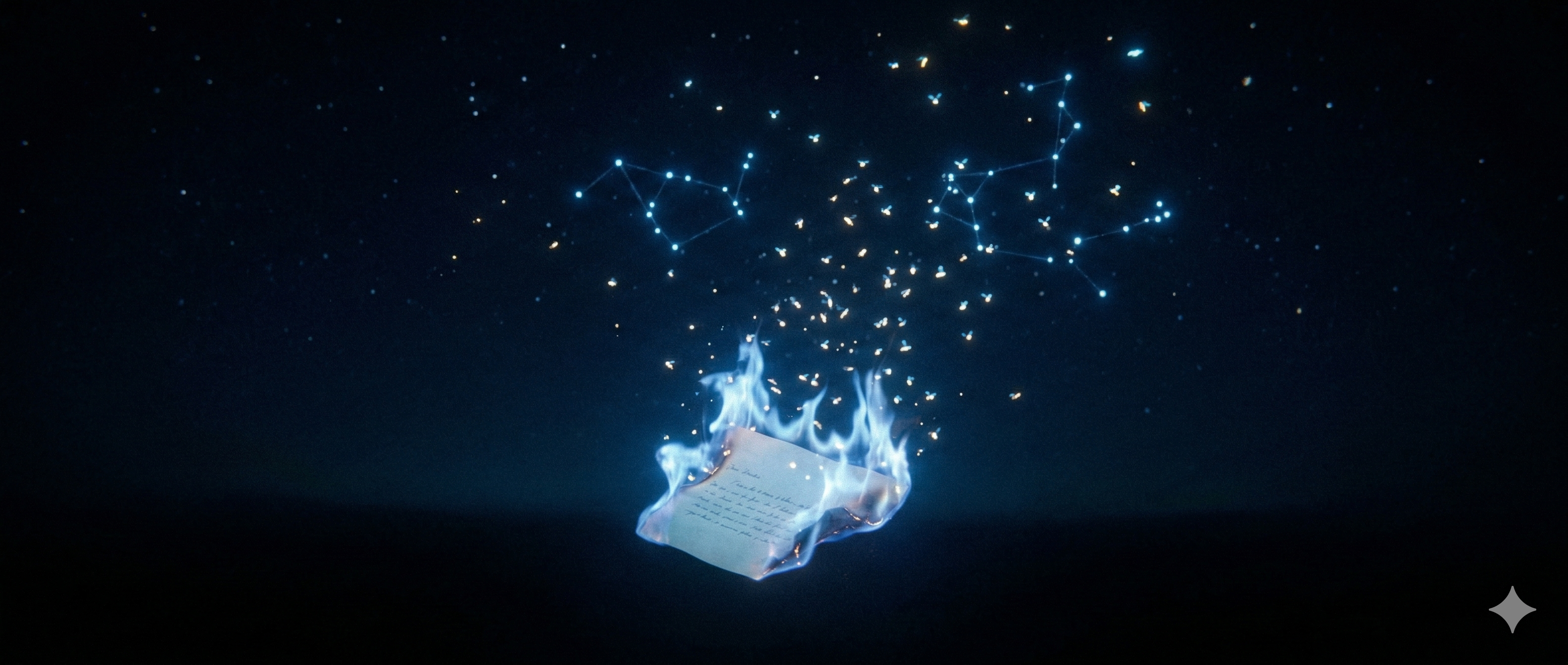Una carta ardiendo en llamas azules que liberan luciérnagas hacia un cielo nocturno, creando constelaciones nuevas