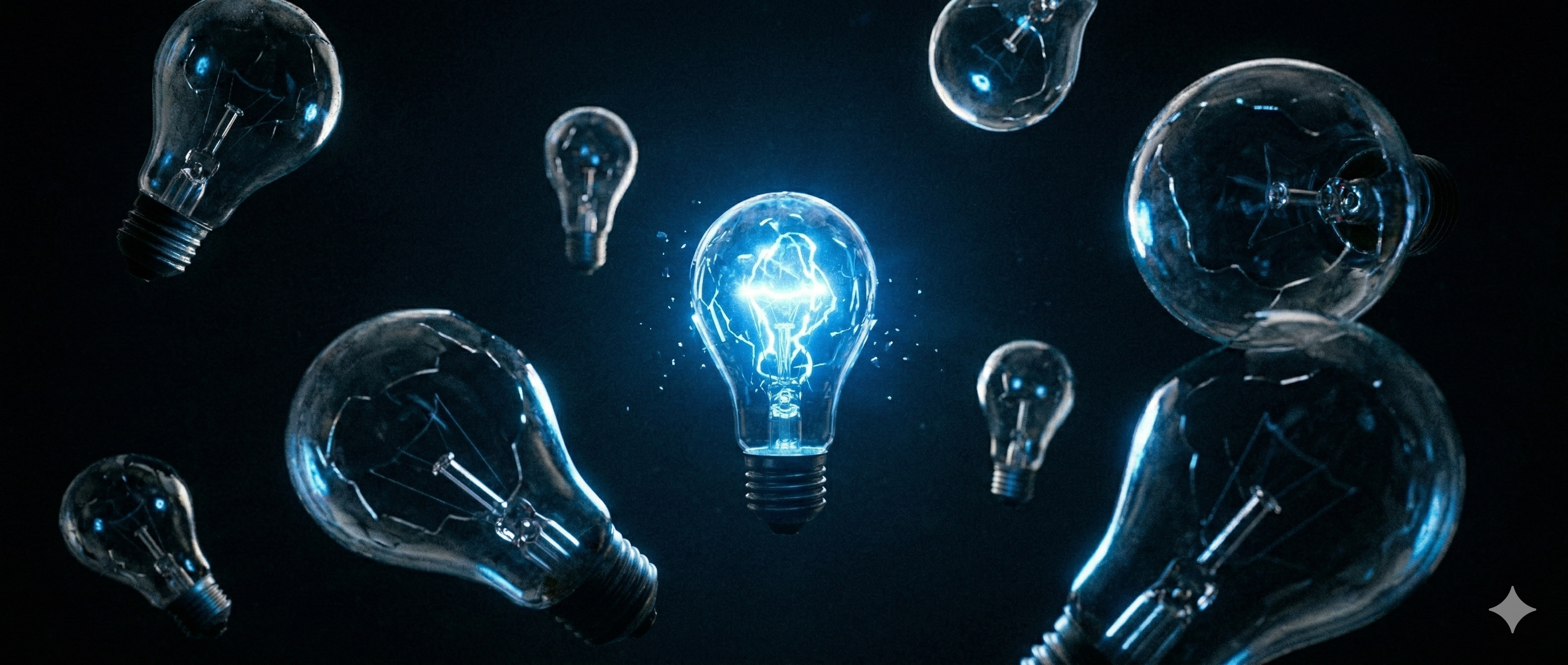 Bombillas de diferentes tamaños flotando en la oscuridad, algunas rotas y una brillando intensamente con luz eléctrica azul