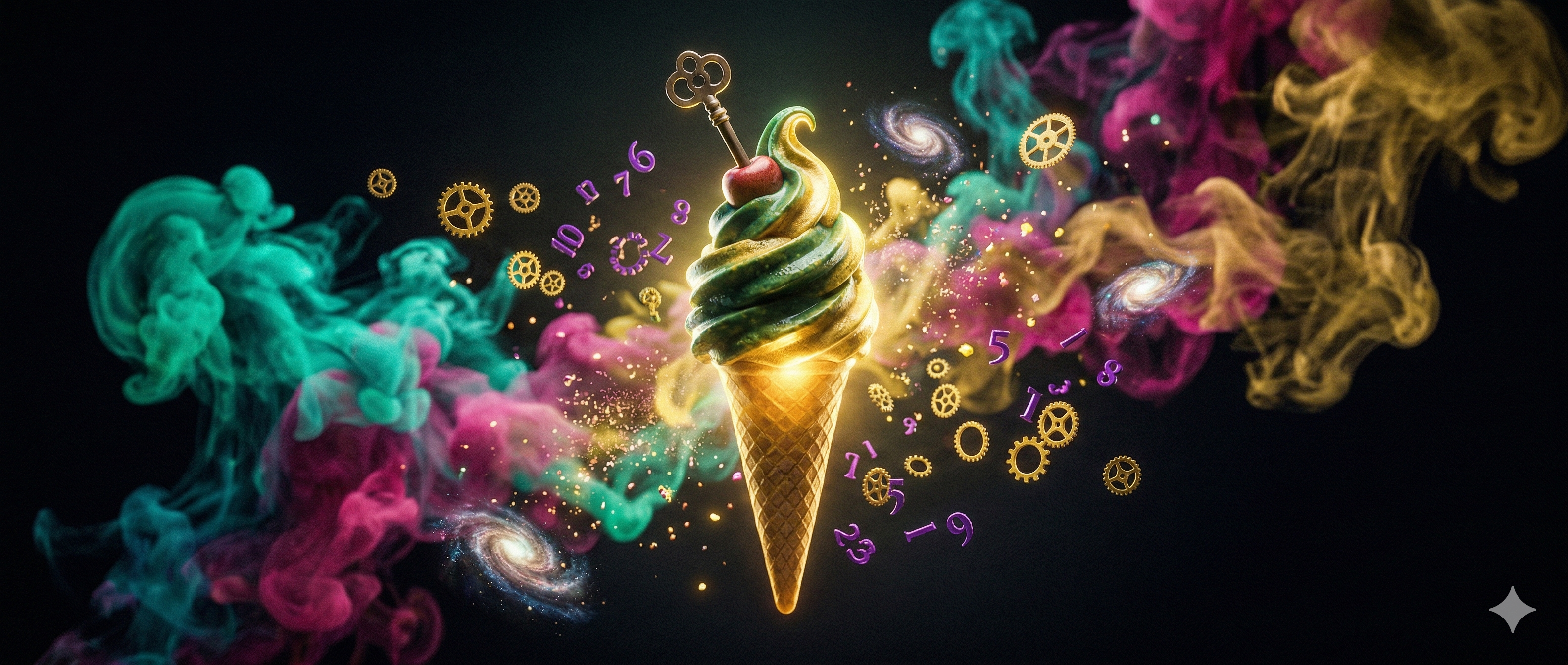 Un helado surrealista y luminoso con ingredientes imposibles flotando en un espacio de colores vibrantes y humo mágico