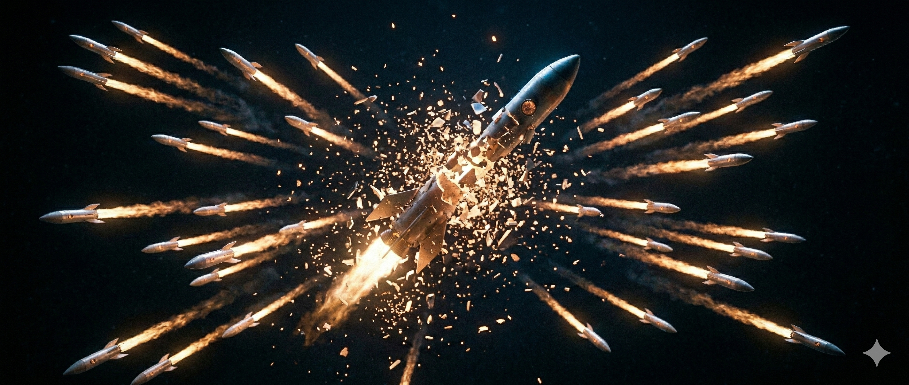 Un cohete desintegrándose en el espacio pero sus fragmentos se reensamblan en múltiples cohetes nuevos, con estelas de fuego