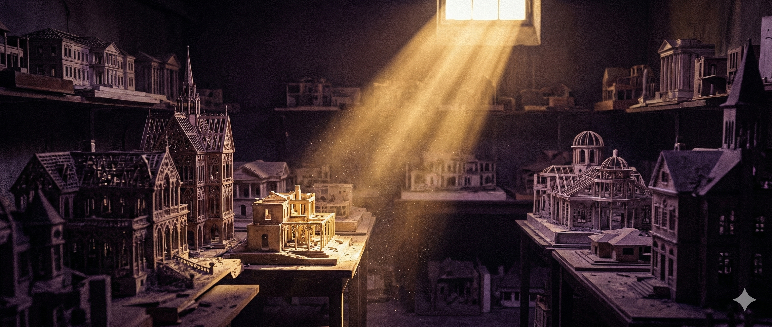 Maquetas arquitectónicas abandonadas en un sótano, iluminadas por rayos de luz dorada que entran por una ventana alta