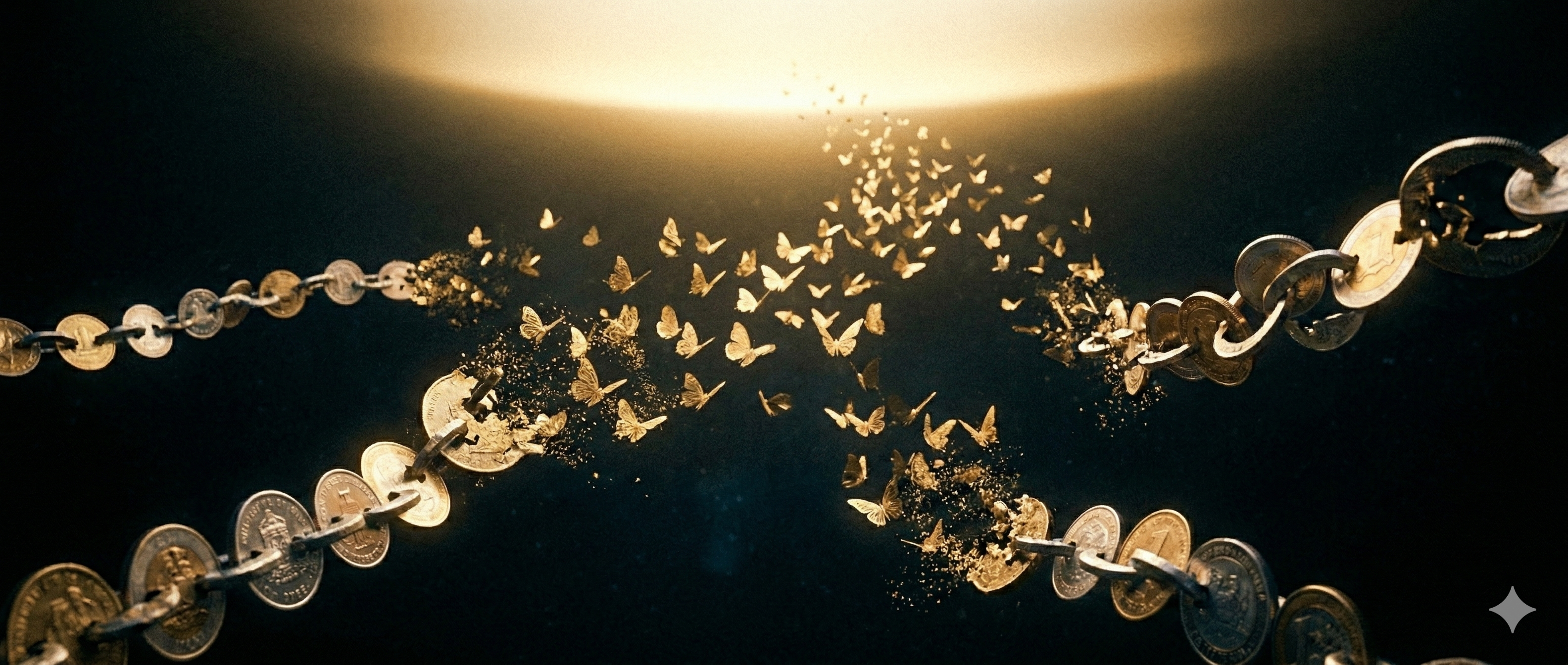Cadenas hechas de monedas y billetes disolviéndose en mariposas doradas que vuelan hacia un horizonte luminoso