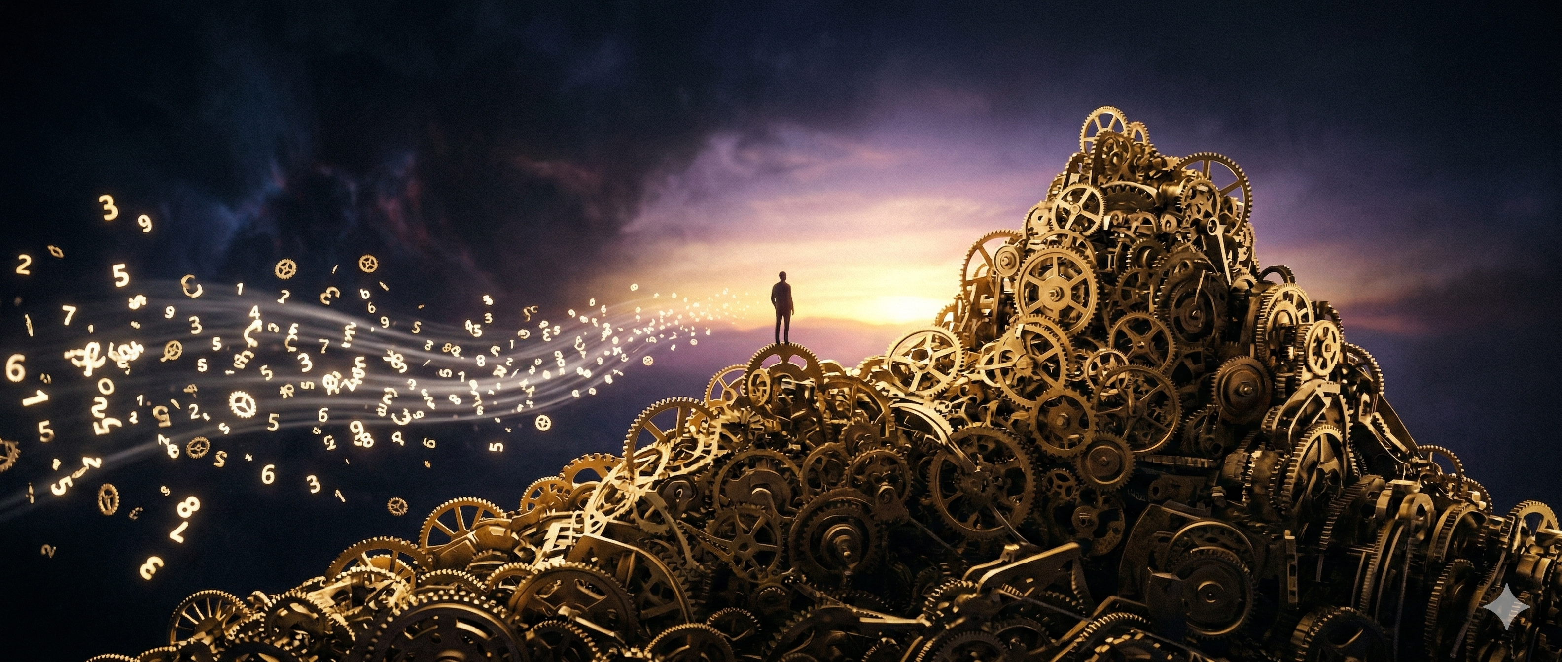 Una figura en la cima de una montaña de engranajes dorados contemplando un amanecer, con la brisa transformando números en luz