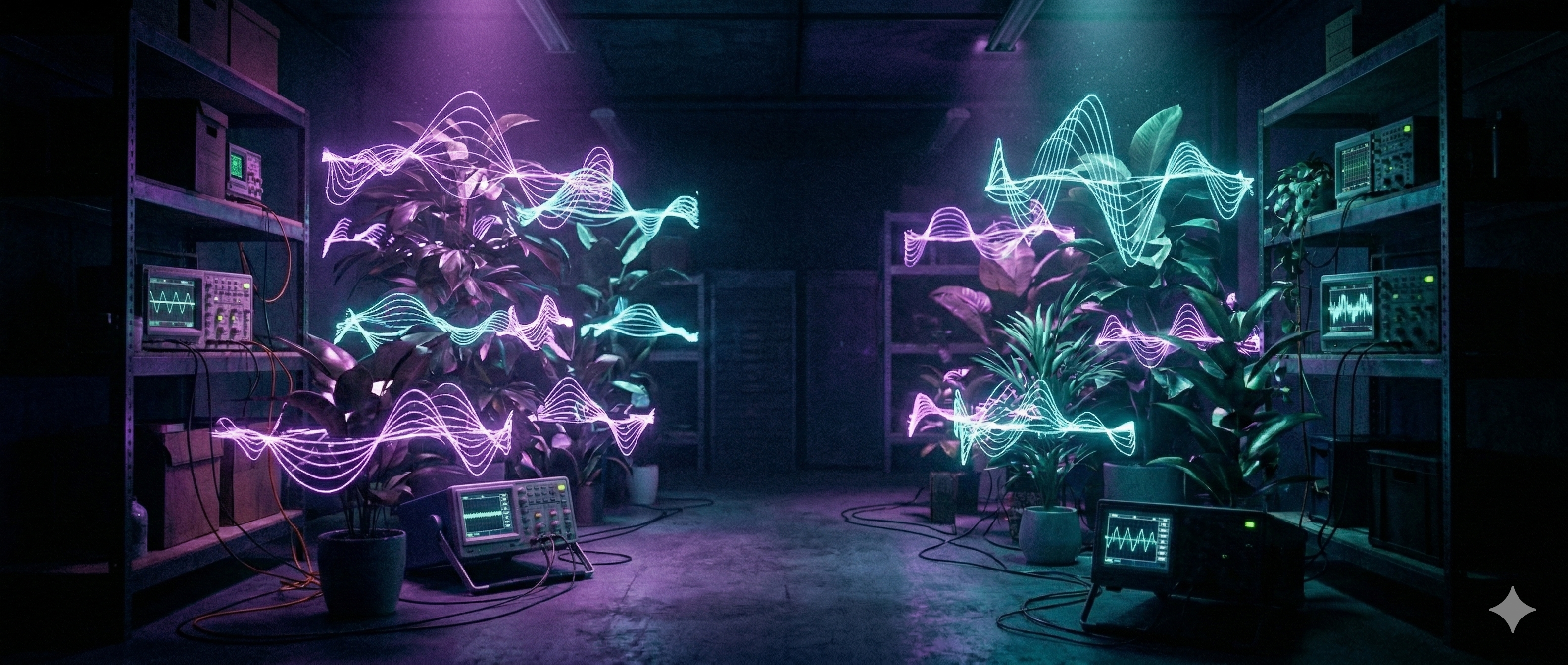 Un garaje-laboratorio donde plantas emiten ondas musicales visibles en tonos neón, mezclando naturaleza y tecnología
