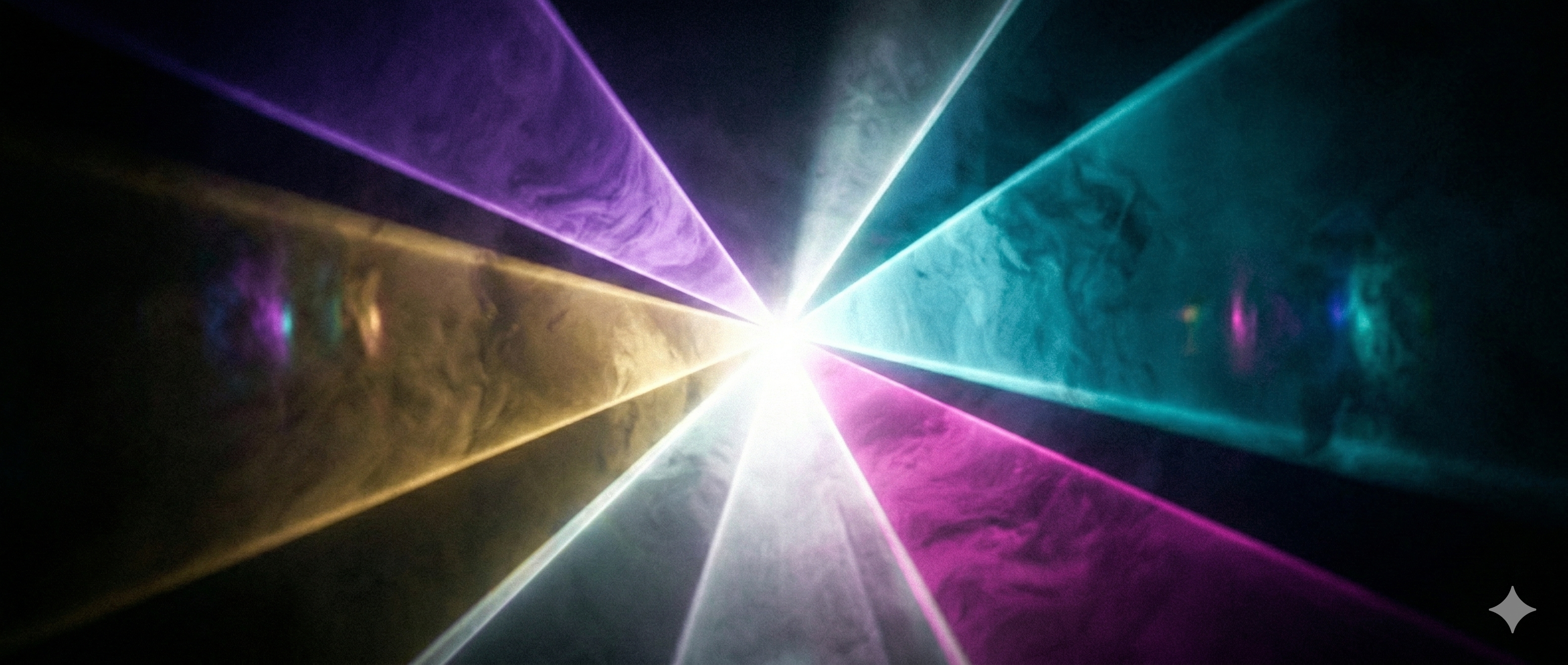 Cuatro haces de luz de colores diferentes convergiendo en un punto central que irradia luz blanca pura, formando una sinfonía visual