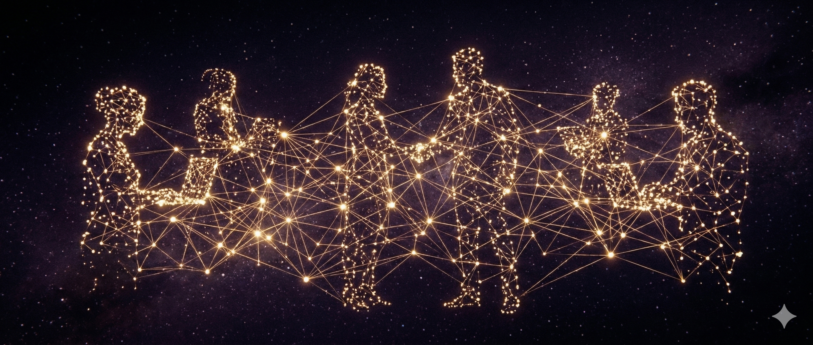 Una constelación de puntos luminosos interconectados formando la silueta de personas, como una red neuronal humana