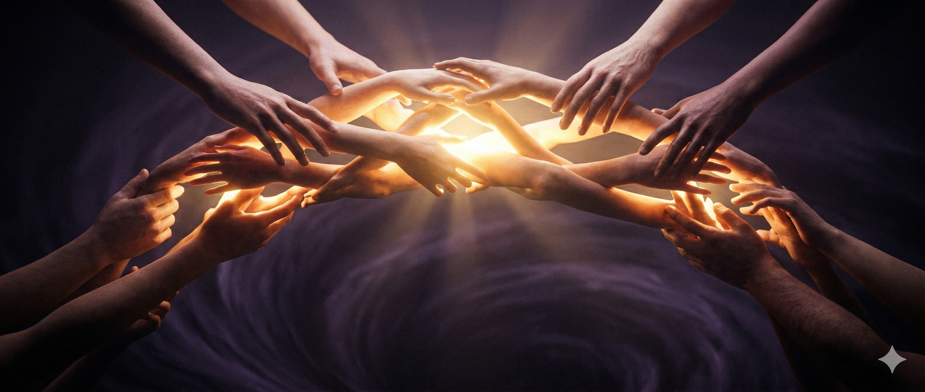 Manos de diferentes texturas y colores extendiéndose para formar un puente luminoso sobre un abismo oscuro