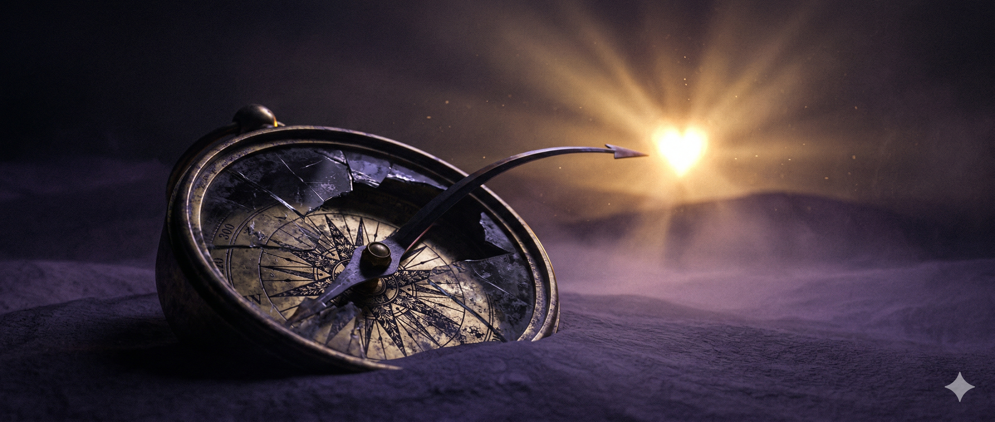 Una brújula antigua y rota cuya aguja apunta hacia un corazón de luz en medio de un desierto cinematográfico al atardecer