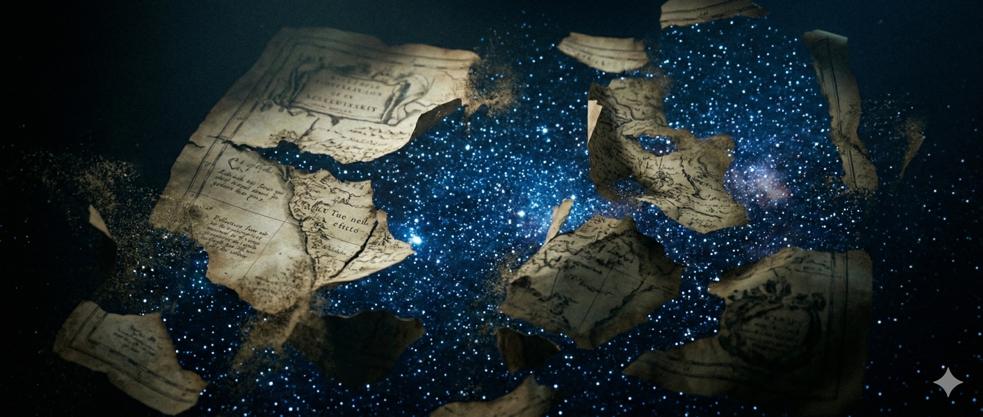 Un mapa antiguo desintegrándose en arena del desierto, revelando un cielo estrellado debajo de sus fragmentos